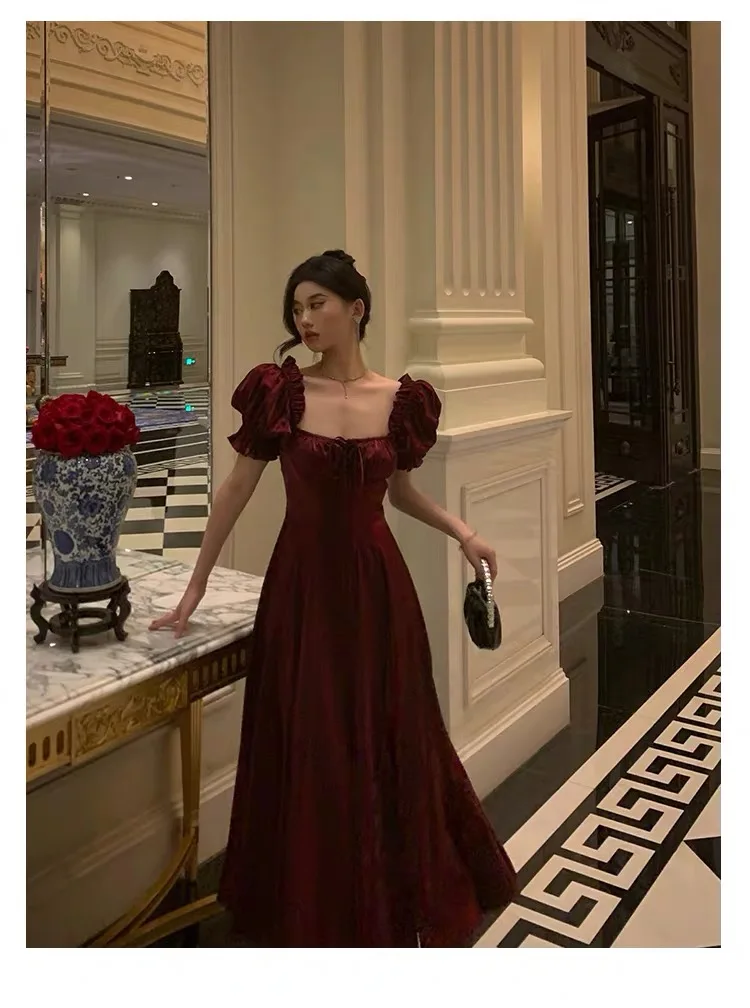 Vintage Midi Dress Women Puff Sleeve Square Collar Lace Up High Waist A-line Evening Party Prom Robe Princess Vestidos Mujer