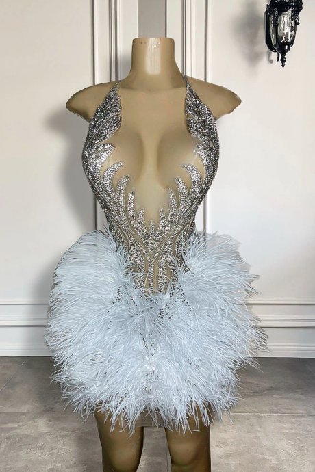Luxury Silver Diamond Black Girls Short Prom Dresses 2023 Sexy See Through White Feather Women Mini Formal Birthday Party Gowns