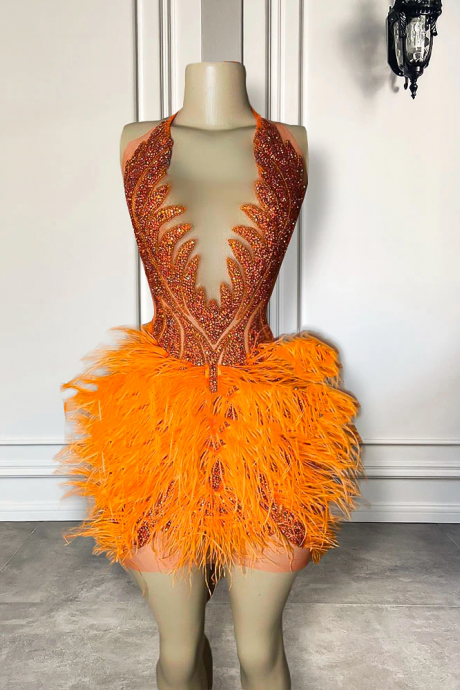 Sexy See Through Luxury Orange Diamond Women Formal Birthday Party Gowns Feather Black Girls Mini Short Prom Dresses 2023