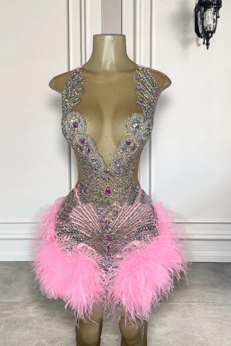Luxury Sexy See Through Women Birthday Party Formal Gowns Sparkly Crystals Diamond Black Girl Feather Short Prom Dresses 2023