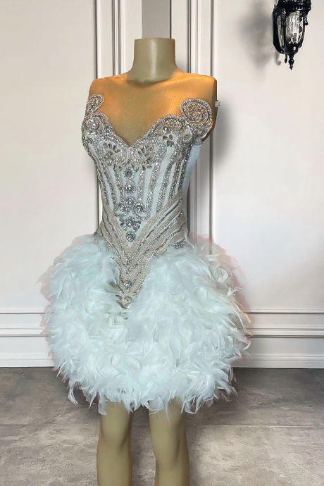 Arrival Luxury Handmade Silver Diamond Women Birthday Party Formal Gowns White Feather Black Girls Short Prom Dresses 2023