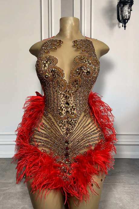 Sparkly Luxury Gold Diamond Women Birthday Party Formal Gowns Sexy See Through Red Feather Black Girls Short Prom Dresses 2023