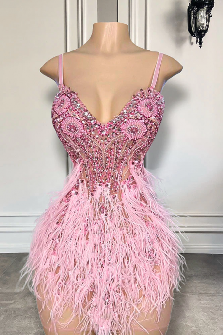Cute Pink Diamond Crystals African Black Girls Short Prom Dresses 2023 Feather Mini Style Women Formal Birthday Party Gowns