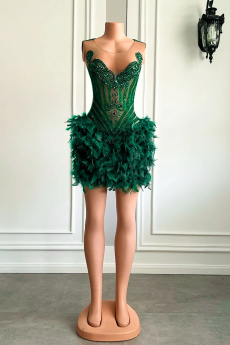 Real Luxury Black Girls Formal Occasion Birthday Party Dresses Emerald Green Feather Women Short Prom Dress 2023