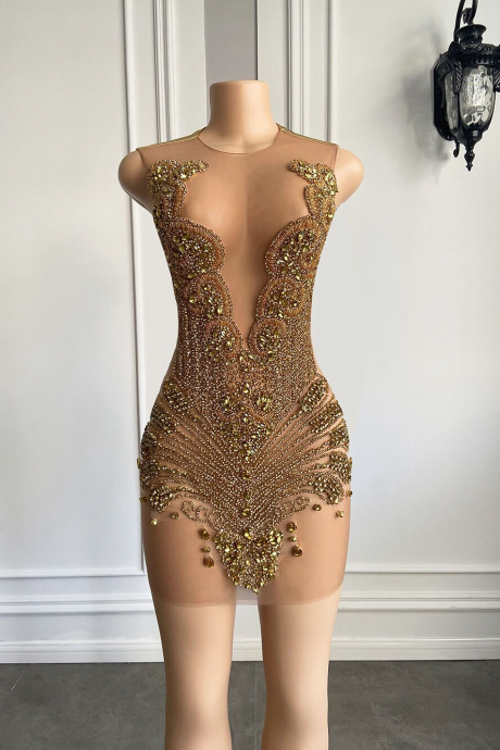 Sparkly Sexy See Through Women Formal Occasion Birthday Party Cocktail Gowns Gold Diadmond Black Girls Short Prom Dresses 2023