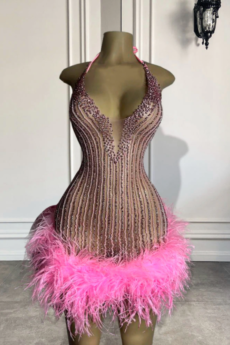 Sexy See Through Women Formal Birthday Party Gowns Halter Handmade Beaded Pink Feather Black Girls Short Prom Dresses 2023