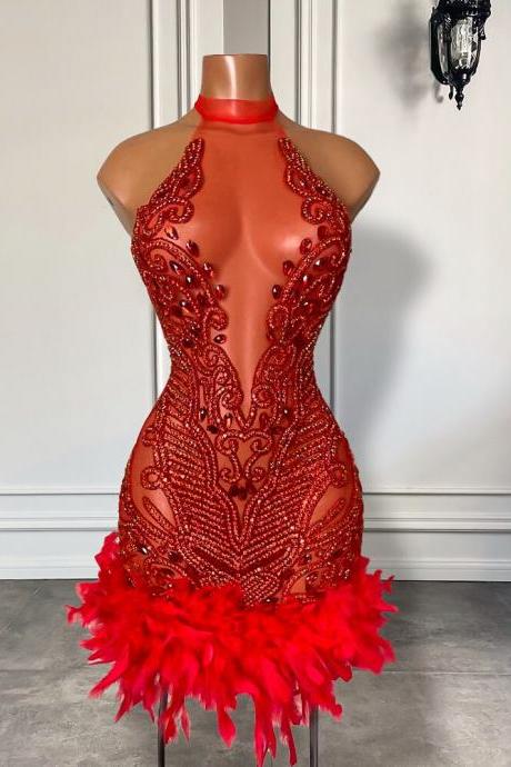 Sexy See Through Halter Luxury Beaded Diamond Women Birthday Party Gowns Red Feather Black Girls Short Mini Prom Dresses 2023