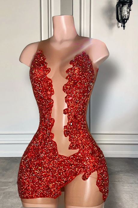 Sheer Sexy See Through Women Birthday Party Formal Gowns Mini Design Red Sparkly Diamond Black Girls Short Prom Dresses 2023