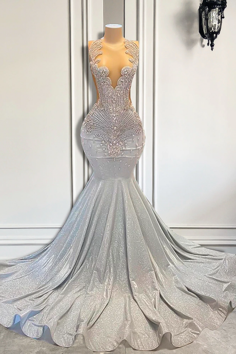 Women Silver Long Mermaid Prom Dresses 2023 Sexy Sheer Mesh Luxury Sparkly Handmade Diamond Black Girl Prom Formal Gala Gowns
