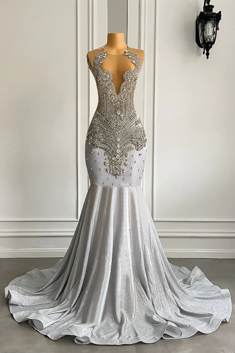 Women Silver Long Mermaid Prom Dresses 2023 Sexy Sheer Mesh Luxury Sparkly Handmade Diamond Prom Formal Gala Gowns