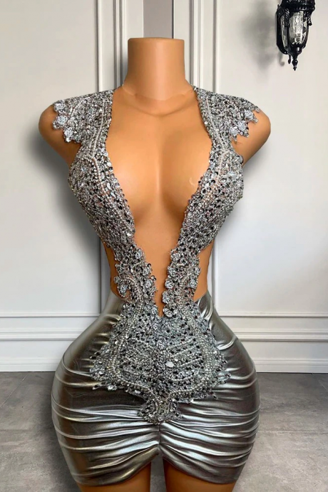 Sparkly Sheer O-neck Women Birthday Party Gowns Silver Luxury Beaded Short Mini Prom Dresses 2023