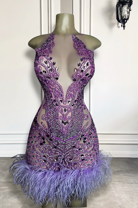 Luxury Sparkly Purple Diamond Women Birthday Party Gowns Feather Mini Short Prom Dresses 2023