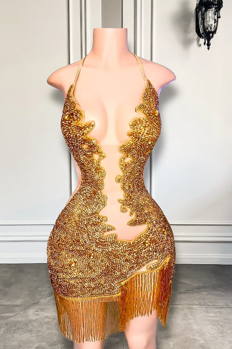Sparkly Diamond Sexy Sheer See Through Halter Mini Gold Short Prom Dresses 2023 For Birthday Party