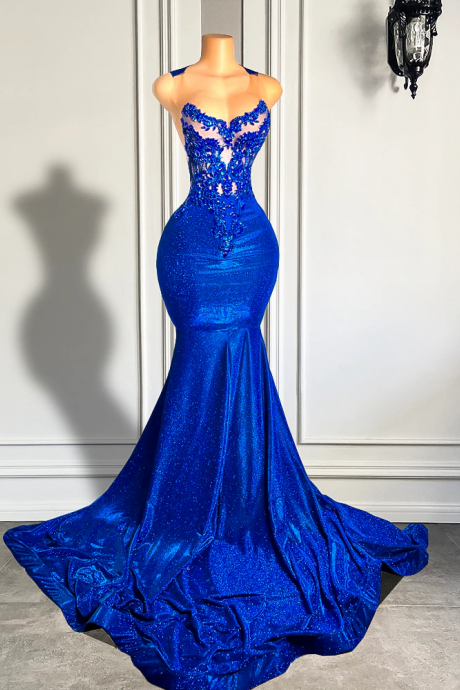 Royal Blue Long Prom Dresses 2023 Luxury Beaded Embroidery Sexy Mermaid Style Prom Gala Party Gowns