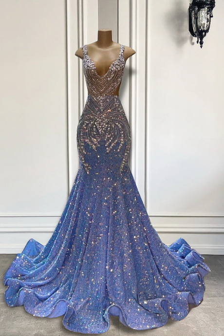 Luxury Long Prom Dresses 2023 Sparkly Mermaid Style Silver Crystals Light Blue Black Girls Prom Party Gowns