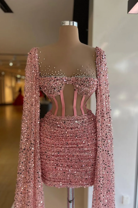 Gorgeous Pink Cocktail Dresses With Cape Corset Top Sequined Pleat Short Prom Gowns Sheer Neck Beaded Vestido De Fiesta De Boda