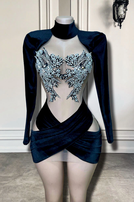 Long Sleeve High Neck See Through Sparkly Silver Crystals Black Velvet African Short Prom Dresses For Birthday