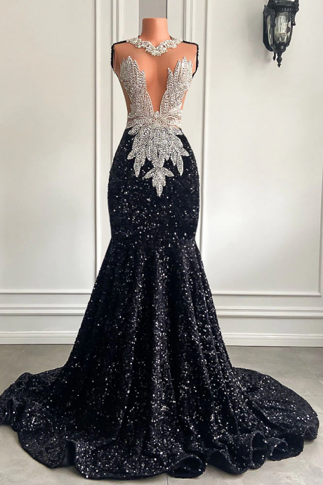 Long Black Prom Dresses 2023 Sexy Mermaid Style Luxury Sparkly Beaded Diamond Sequined Prom Gala Formal Gowns