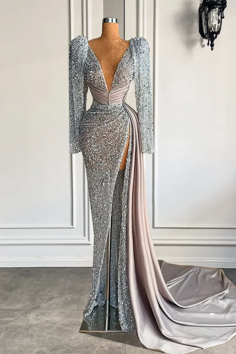 Long Sleeve Sexy Women Evening Dress 2022 V-neck Luxury Beaded Mermaid High Slit Silver Formal Evening Gowns