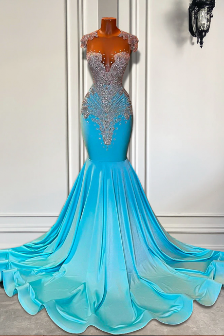 Long Sparkly Prom Dresses 2023 Sexy Sheer Top Luxury Diamond Light Blue Mermaid Prom Gala Party Gowns