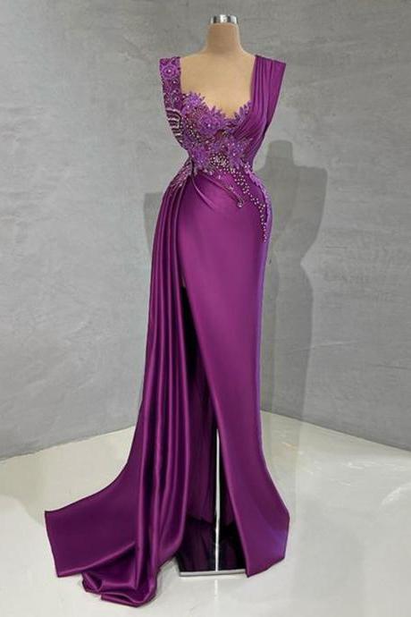 Long Evening Dresses 2022 Sexy High Slit Luxury Beaded Dubai Women Purple Satin Formal Evening Party Gowns Robes De Soirée