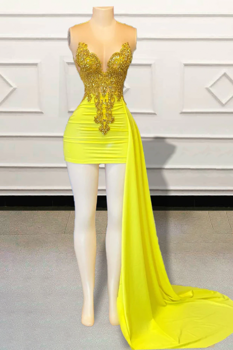 Glitter Beaded Crystal Diamond Short Prom Dresses 2023 Yellow Sleeveless Sexy Mini Cocktail Gowns For Birthday Party