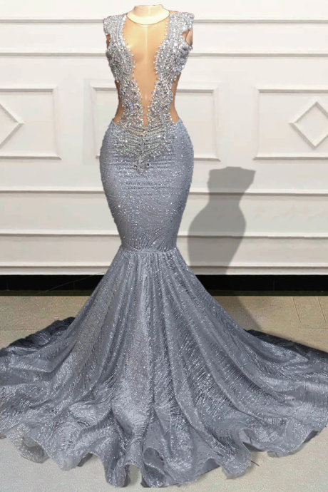 Sexy Women Mermaid Long Prom Dresses 2023 For Graduation Party Silver Sparkly Sequin Sheer Girls Formal Occasion Evening Gowns