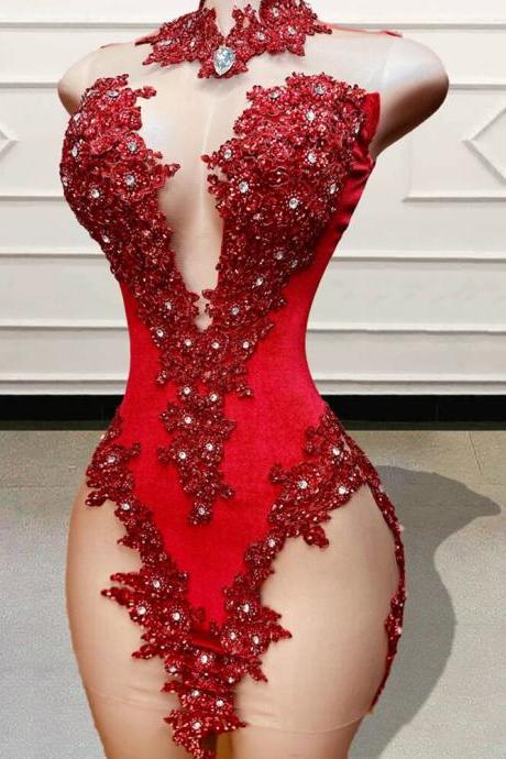 Luxury Diamond Red Short Prom Dresses For Birthday Party 2023 Beaded Appliques Sexy Women See Through Mini Cocktail Gowns