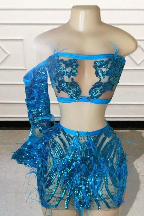 Custom Made Sexy 2 Piece Short Prom Dress 2023 For Birthday Party Sparkly Sequin Feather Single Sleeve Women Mini Cocktail Gowns
