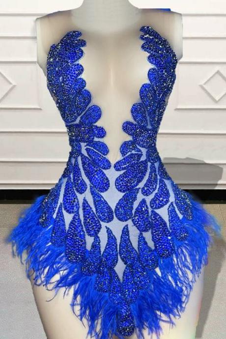 Glitter Beaded Feather Blue Short Prom Dresses 2023 Sexy Women Mini Cocktail Gowns For Birthday Party Custom Made