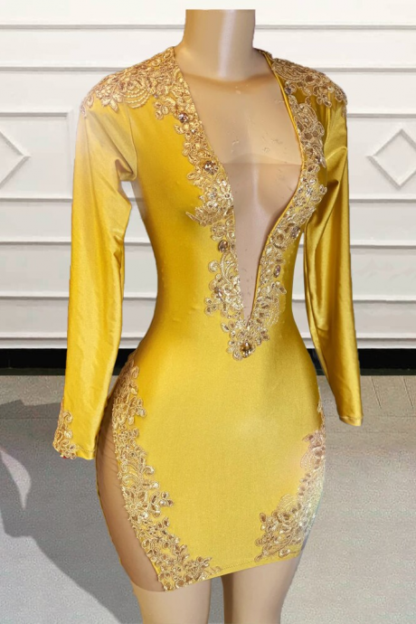 Sexy Gold Short Prom Dresses 2023 Lace Beaded Full Sleeves Women Mini Cocktail Gowns For Birthday Party Custom Made