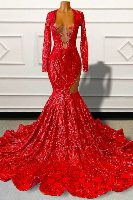 Sparkly Sequin Red Mermaid Long Prom Dresses 2023 For Graduation Party Full Sleeves Custom Occasion Evening Gown