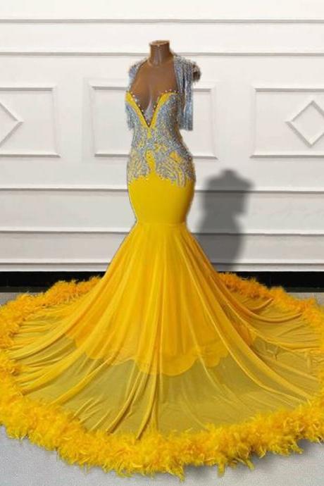 Black Girls Beaded Feathers Mermaid Long Prom Dresses 2023 For Graduation Party Luxury Yellow Women Custom Formal Evening Gown