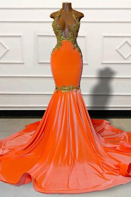 Gold Lace Orange Mermaid Long Prom Dresses 2023 For Graduation Party Sexy Sheer Mesh Backless Women Custom Formal Evening Gown