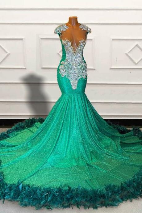 Luxury Mermaid Long Prom Dresses 2023 For Graduation Party Sparkly Sequin Beaded Feathers Women Custom Formal Evening Gowns