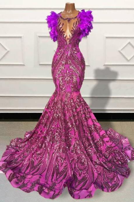 Luxury Mermaid Long Prom Dresses 2023 Sparkly Sequin Feather Backless Women Formal Evening Gown For Graduation Party