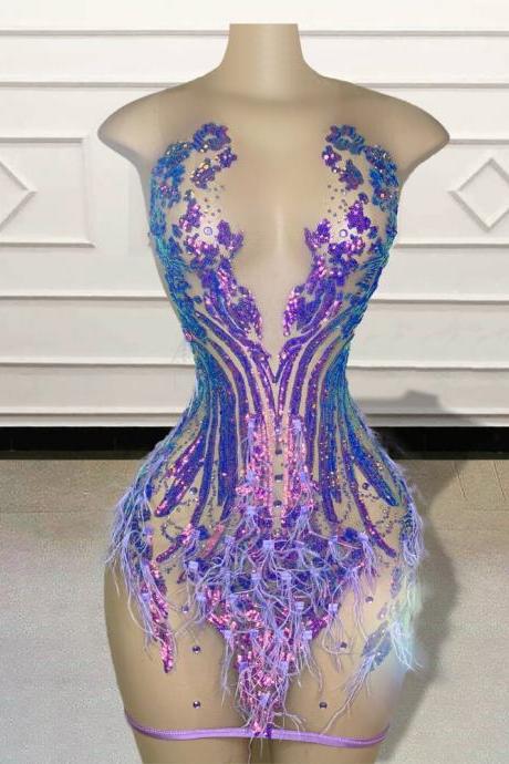 Sexy Sheer Short Prom Dresses 2023 Sparkly Sequin Feathers Women Purple Mini Cocktail Gowns For Birthday Party