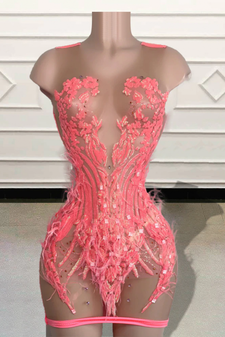 Sexy See Through Short Prom Dresses For Birthday Party 2023 Sparkly Sequin Feathers Women Pink Mini Cocktail Gowns