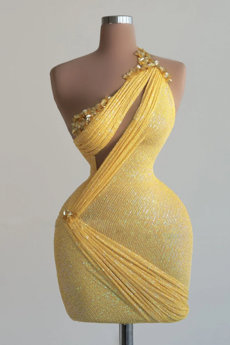 Couture Prom Dress Yellow Off Shoulder Sequin Short Party Gowns Birthday Wear Beaded Sleeveless Prom Dresses Pleated