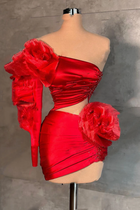 2 Pieces Red Short Prom Dresses Luxury Off Shoulder Mini Beads Crystal Floral Cocktail Party Gowns Pleated Sleeve Handmade