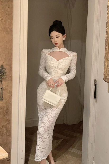 Sexy Lace Midi Dresses For Women Long Sleeve Hollow Out Wrapped Hip Bodycon Chinese Style Vintage Solid Evening Party Vestidos