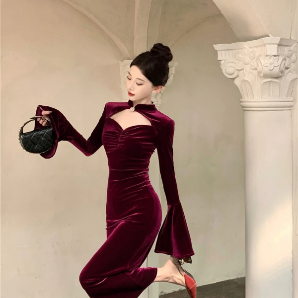 Elegant Velet Midi Dress Women Flare Sleeve Hollow Out Slim Vintage Chinese Style Autumn Winter Evening Party Vestidos Mujer New